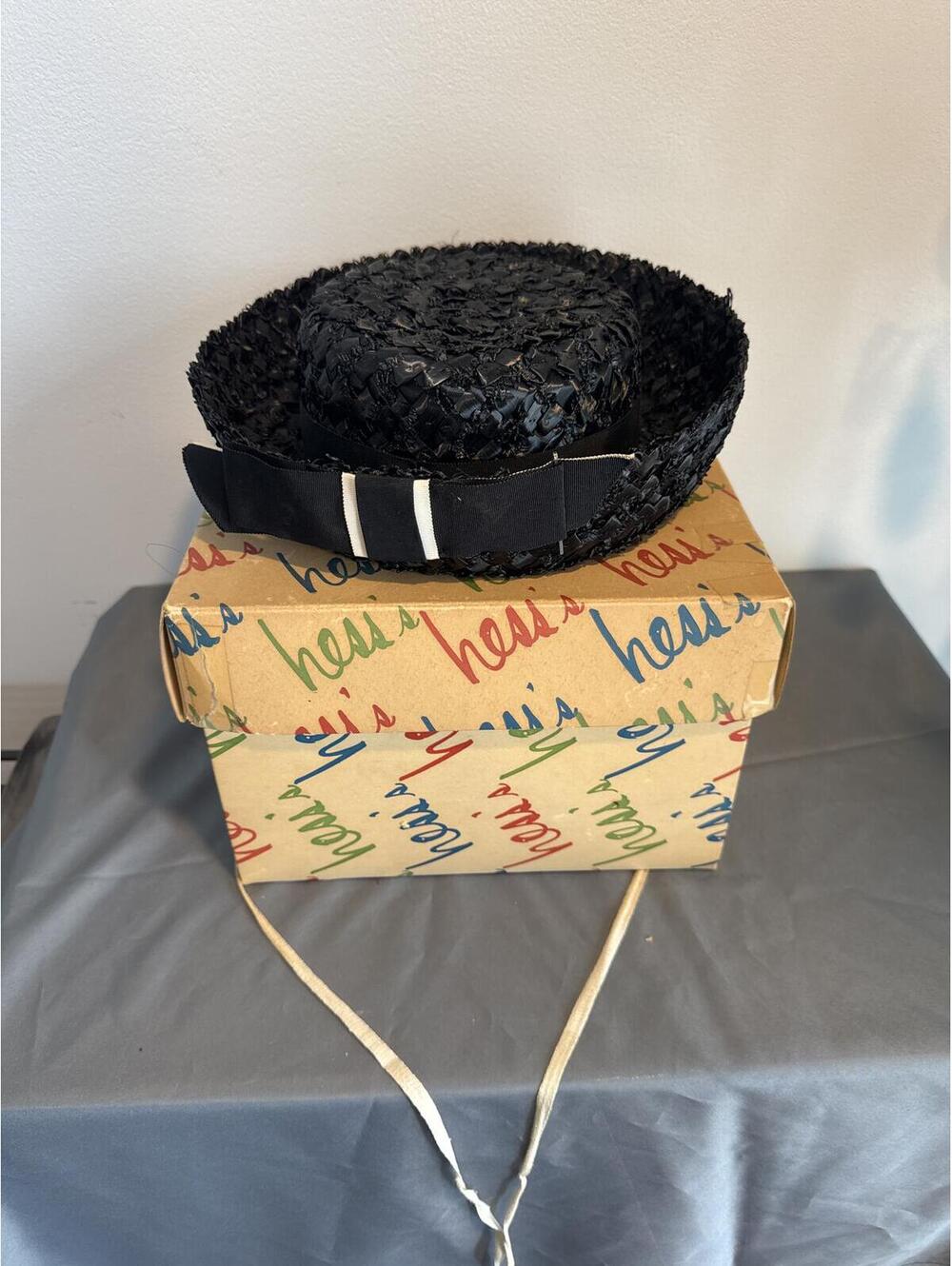 Vintage Black Straw Boater Hat with Bow Detail